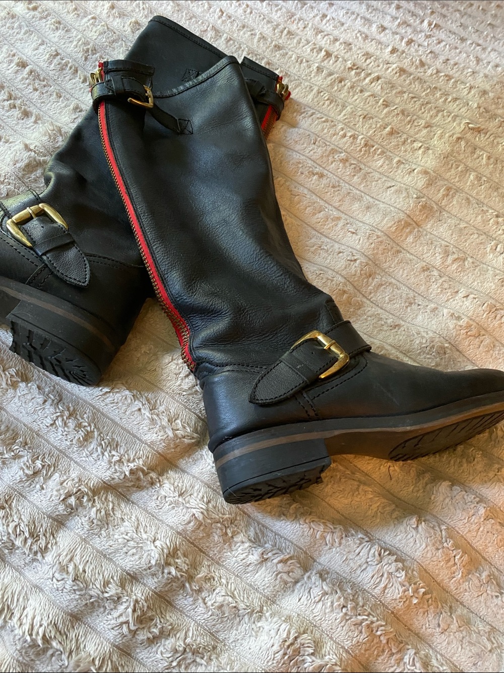Navy Blue Leather Mid-Calf Boots with Red Zip and Gold Buckles Riding Boots - Picture 2 of 6
